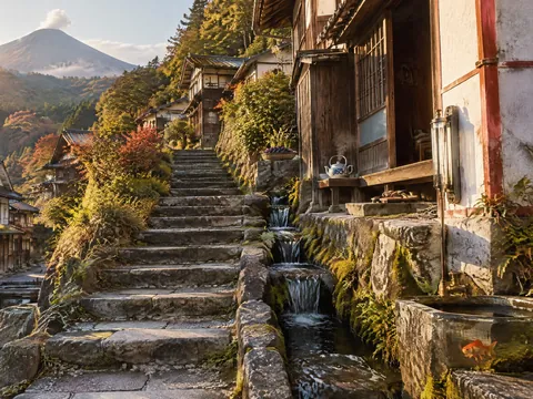 A hillside village in Herimachi district, with a small canal running beside the stone steps and Mount Mizufuji in the distance