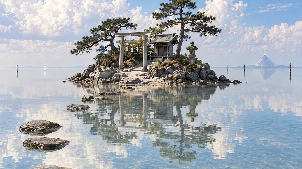 天鏡原に浮かぶ小島(小洲)と松の木、小さな祠