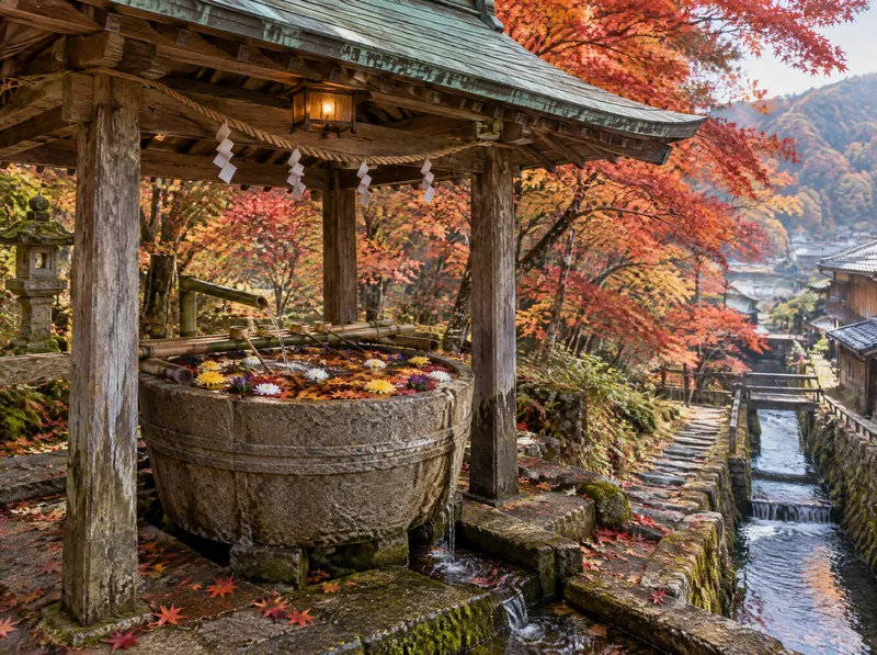 Le pavillon d'ablutions à toit de cuivre devant les feuillages d'automne, des fleurs flottant dans le bassin-baquet