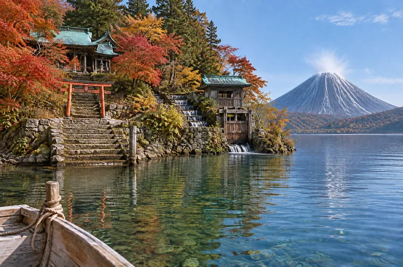 Le sanctuaire Mizutome vu du lac de l'Anneau : un torii vermillon à l'embarcadère, des pavillons à toit de cuivre parmi les feuillages d'automne