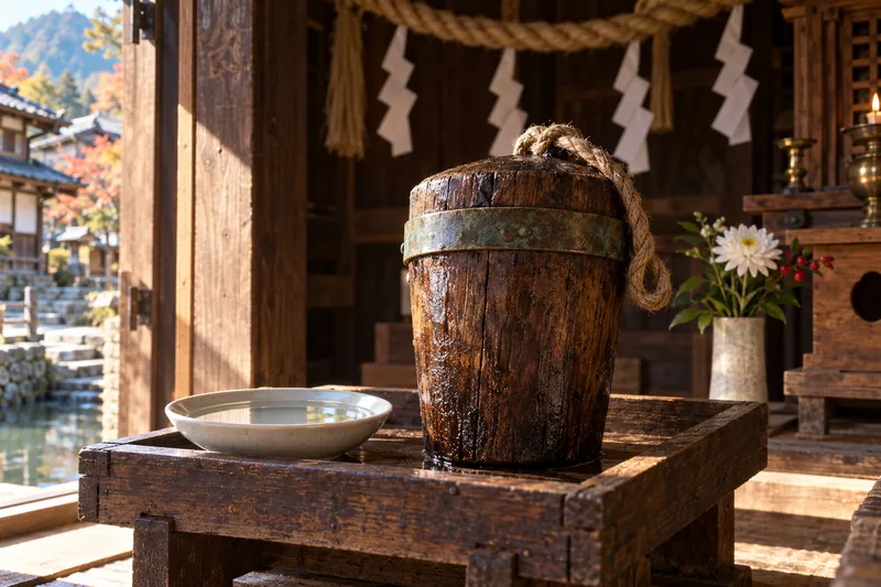 Le Bouchon, objet sacré du sanctuaire : une vieille bonde de bois cerclée de bronze, près d'une coupelle d'eau blanche