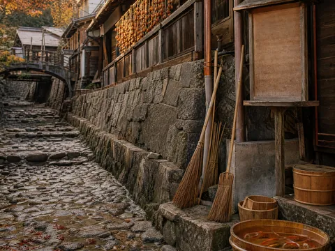 秋の水路沿いの路地。軒先に干し柿が下がっている