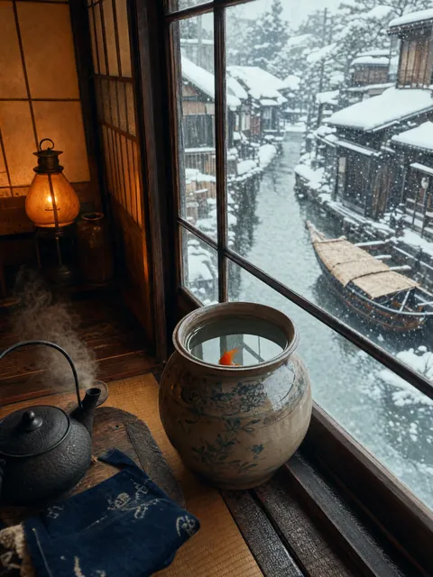雪の日の窓辺に置いた冬越し甕