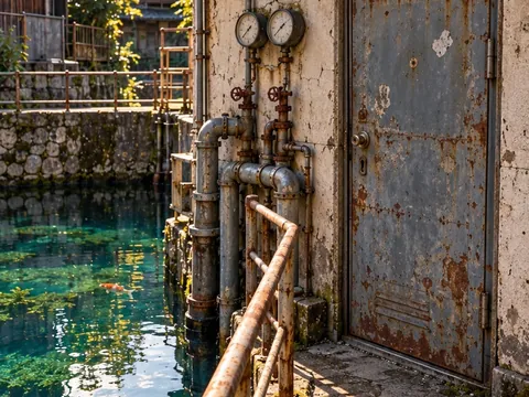水路沿いに建つ貯水槽の建物。計器の並ぶ壁と鉄の扉