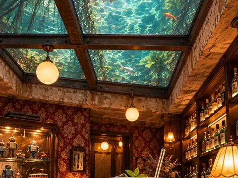 cafe&BAR 貯水槽の店内。ガラス張りの天井の上を魚が泳いでいる