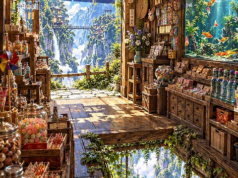 駄菓子屋の店内。奥の窓の外は雲