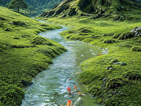 苔の間を流れる水路と御神木