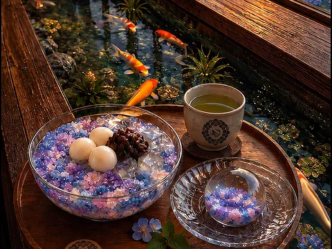 水花茶寮の窓際の席に置かれた甘味とお茶