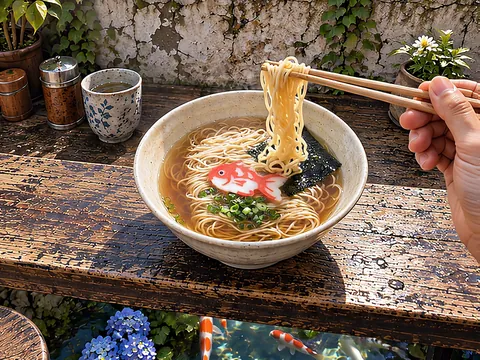 天上軒の窓際の席と中華そば