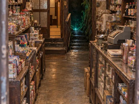 山田商店の店内。奥に地下へ下りる階段がある