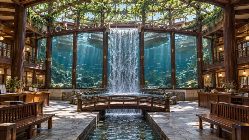 The waterfall flowing at the centre of a curved glass wall that looks into the lake