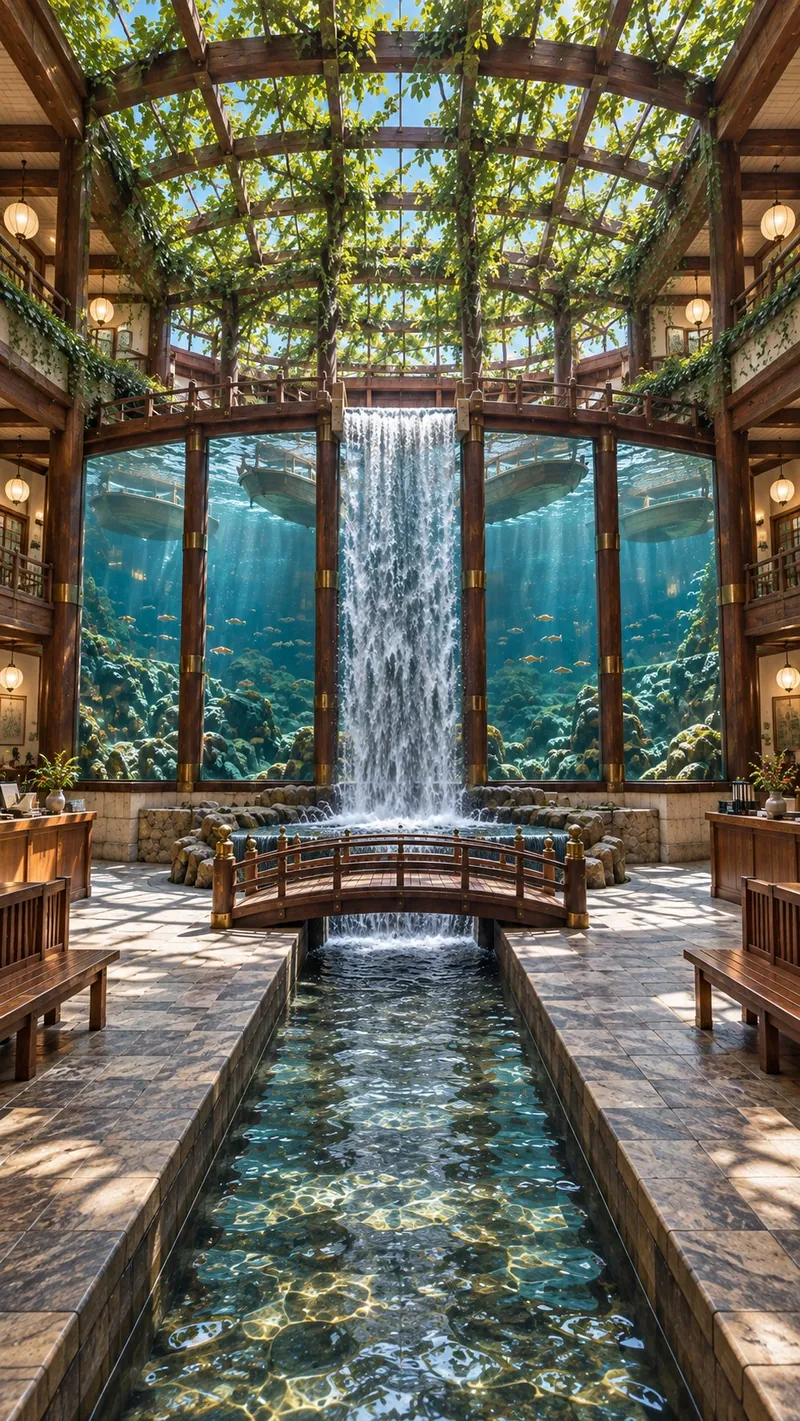 The waterfall at the centre of the atrium, with glass walls looking into the lake on either side
