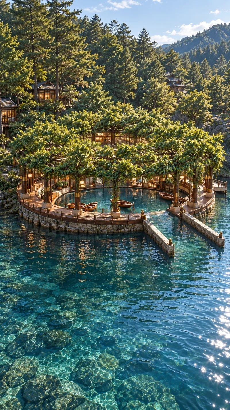 The round water garden jutting into the lake and the forest-like rooftop of the town office