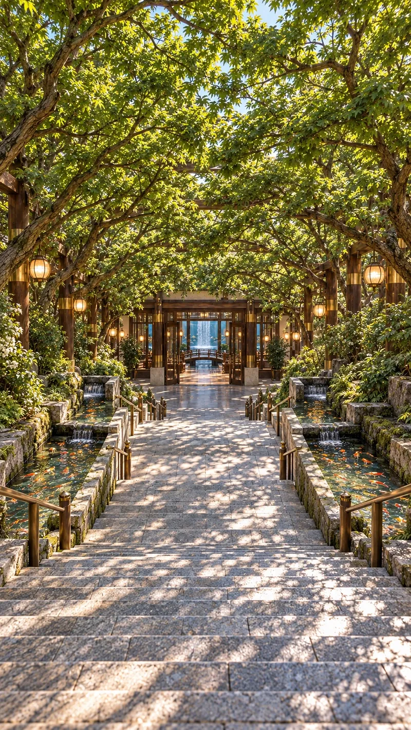 The great stairway with goldfish channels on both sides, under a tunnel of fresh green trees