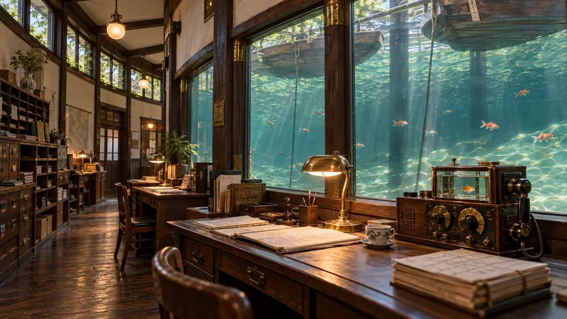 An office facing a window into the lake, with a pea-goldfish radio on the desk