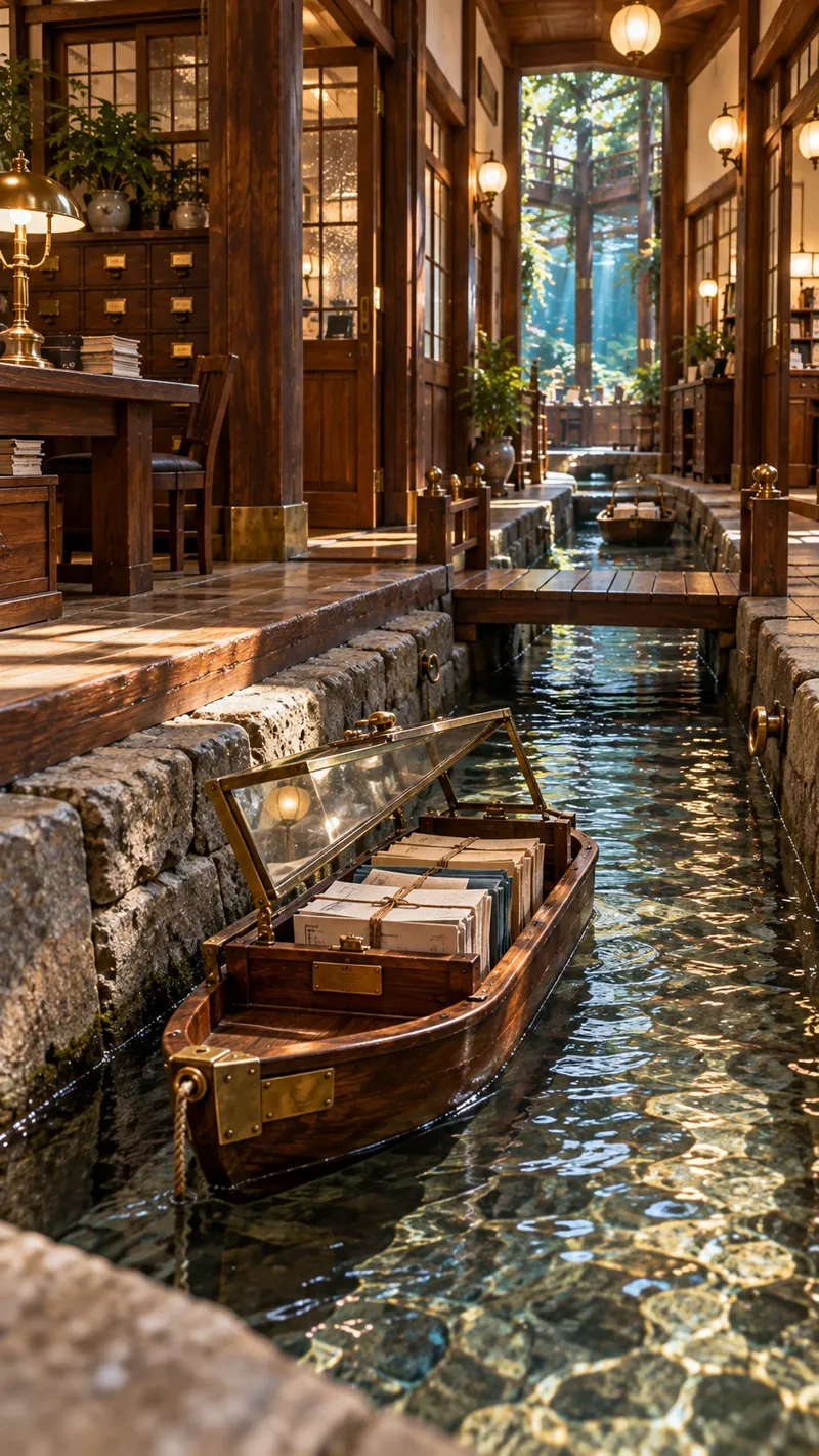 A small boat carrying a document box with a glass lid, floating on a channel inside the building