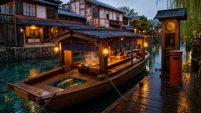 夜の水路に停まる屋台船。暖簾と吊り灯